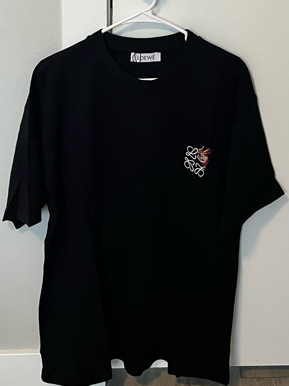 Loewe Black Tee with Small Embroidered Chest Logo and Red Accent